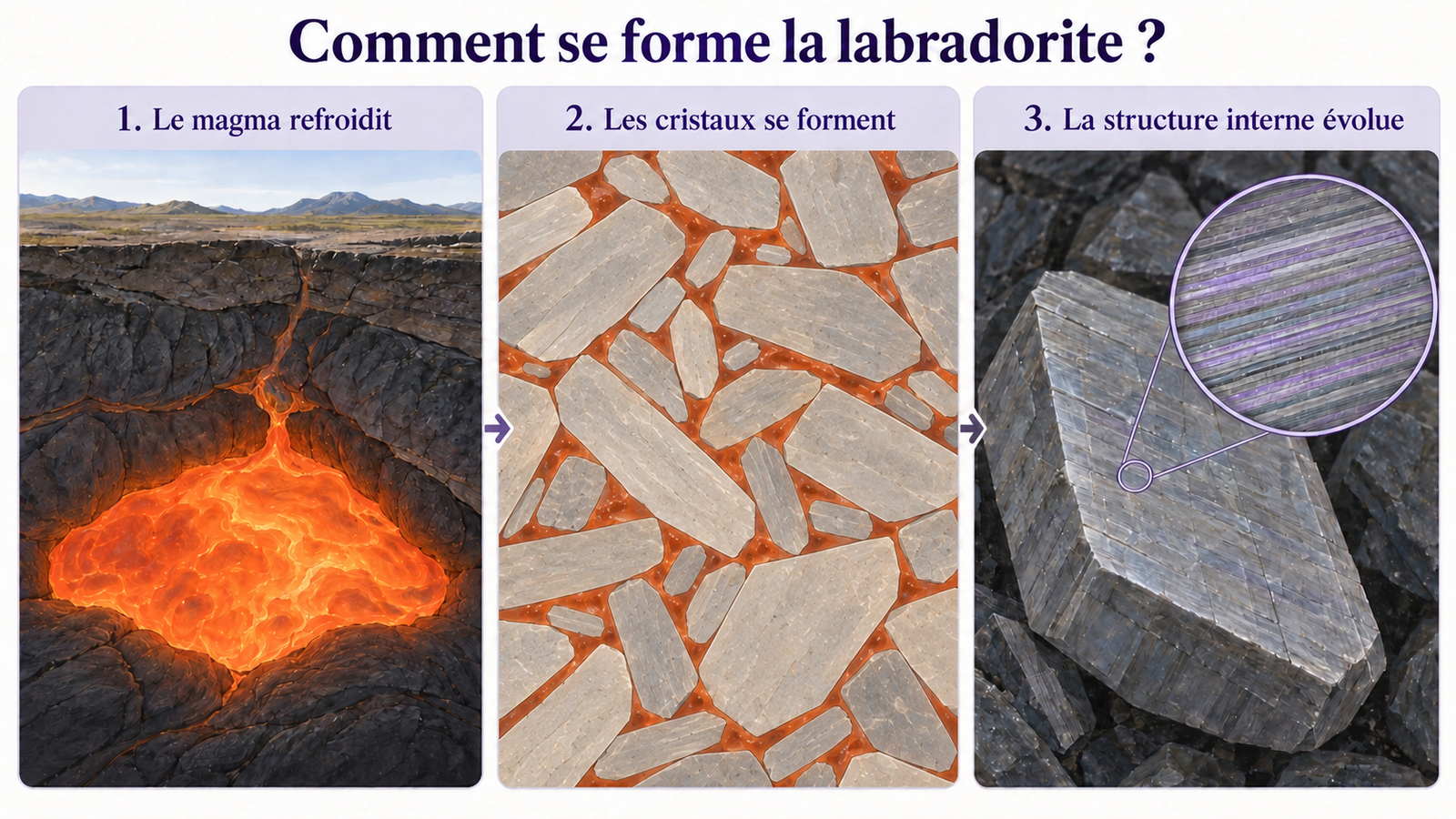 Labradorite : formation, reflets et conseils de collection Trois étapes schématiques de la formation d’une labradorite iridescente, avec une coupe des cristaux en croissance dans le magma au point 2, puis les lamelles internes au point 3.