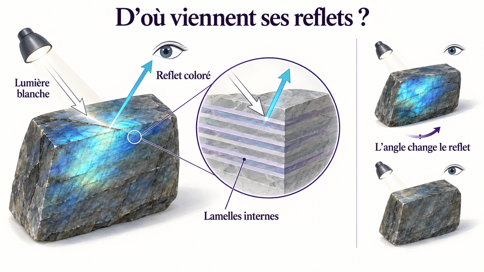 Labradorite : formation, reflets et conseils de collection Schéma de la lumière interagissant avec les lamelles internes et du changement de reflet selon l’angle.