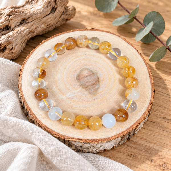 Bracelet en quartz Golden Healer, perles d’environ 8,5 mm, sur une rondelle de bois avec décor en lin