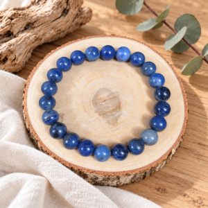 Bracelet en sodalite bleue, perles de 8,8 mm, sur une rondelle de bois avec décor en lin